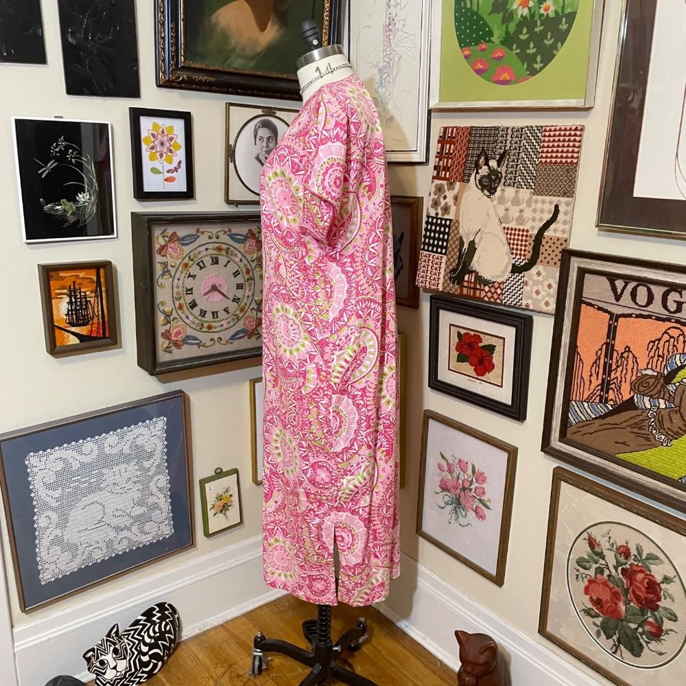 Super Soft Pink Green White V-Neck Short Sleeve Zip Front House Dress Coverup 2X - Picture 3 of 4